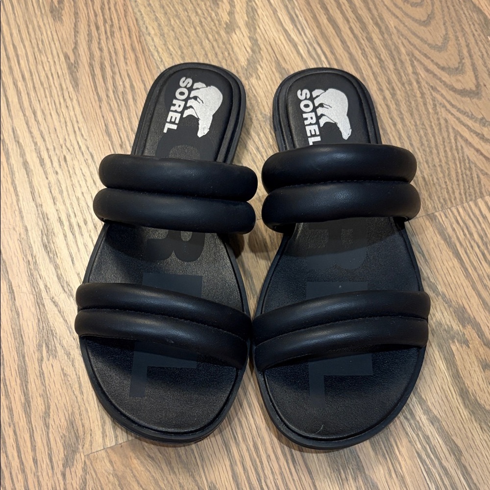 Sorel Women's Ella II Puff Slide Black Padded Double-Strap Slide Sandals